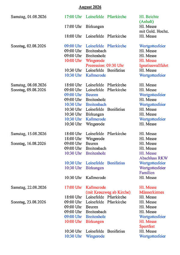 Vorschau der Gottesdiensttermine im August 2026 Seite 1